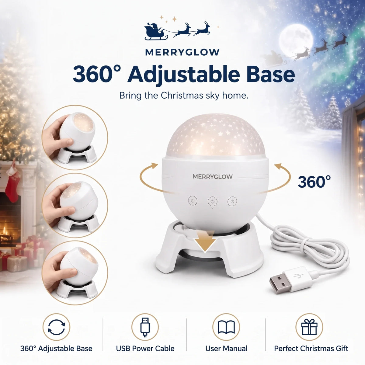 MerryGlow projector 360 degree adjustable base with USB power cable