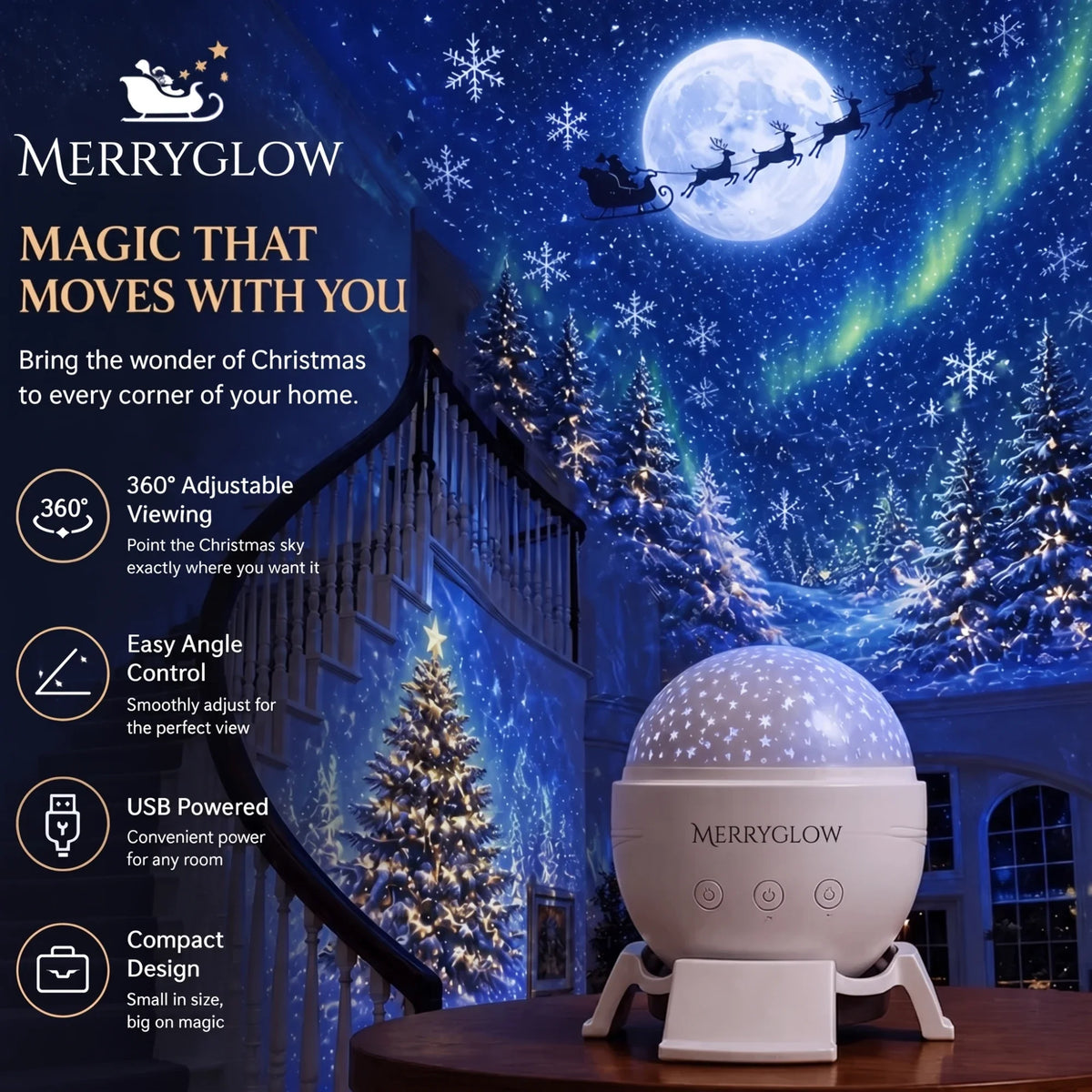 MerryGlow Christmas Sky Projector projecting Santa's sleigh, moon and snowy trees across a room